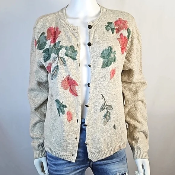 VTG Monterey by Koret Linen Cotton Knit Cream Cardigan w Embroidered Leaf Motif - Picture 2 of 16
